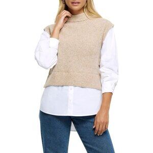River Island Mock-neck Sweater Layered Long Sleeve Tan And White Size 10